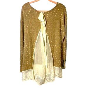 Scrap Work Beige Tie Back Sweater with Lace Detail, Women’s Size Large